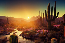 Desert Oasis With Cacti And Flowers Growing Around A Stream Of Water. Cinematic Digital Artwork Illustration Of A Desert Landscape At Sunset. Scenic Wild West Aesthetic In An Illustration Art.