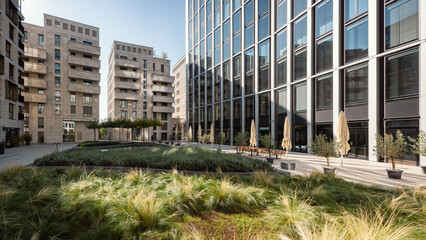 green landscaped city square and modern office and residential buildings in the city.