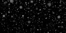 Falling Winter Snow Snowflakes On Black Background. Vector