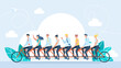 A team of specialists rides a large tandem bicycle. A big company. Teamwork. The team pedals on a tandem bicycle. Collective successful teamwork progress concept. Flat style. Vector illustration