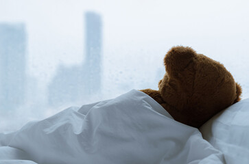 Wall Mural - Teddy bear sleeping alone on bed with white pillow and blanket facing to window with rain drop in the lonely day.