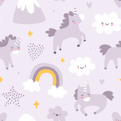 Wall Mural - Cute scandinavian baby pattern with unicorns. Seamless purple vector print for girls fabric.