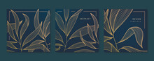 Vector Set Of Gold Line Leaf Cards, Square Luxury Design Patterns, Borders, Frames. Use For Package, Social Net Post, Invitations, Banners, Flyers, Labels