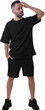 © olegphotor - Black oversize t-shirt mockup, shorts, png, on a guy in sneakers, isolated on background, front.