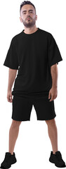 Black oversize t-shirt mockup, shorts, png, on a guy in sneakers, isolated on background, front.