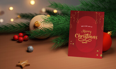 Canvas Print - Merry Christmas Greeting Card With 3D Baubles, Stars, Berry And Fir Leaves On Brown Bokeh Background.