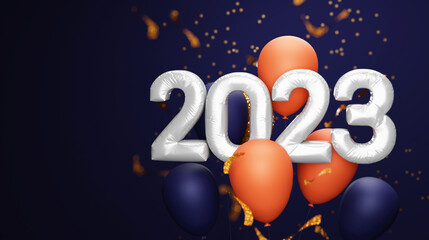 Sticker - Silver Foil 2023 Number With Balloons, Golden Confetti Ribbon Against Blue Background.