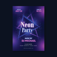 Wall Mural - Neon Party Flyer Or Template Design With Shiny Triangle Frames And Event Details On Blue And Purple Stripe Background.