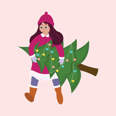 Poster - Character Of Young Girl Carrying The Christmas Tree In Woolen Clothes On Pink Background.