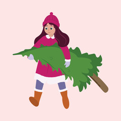 Canvas Print - Character Of Young Girl Carrying Xmas Tree In Woolen Clothes On Pink Background.