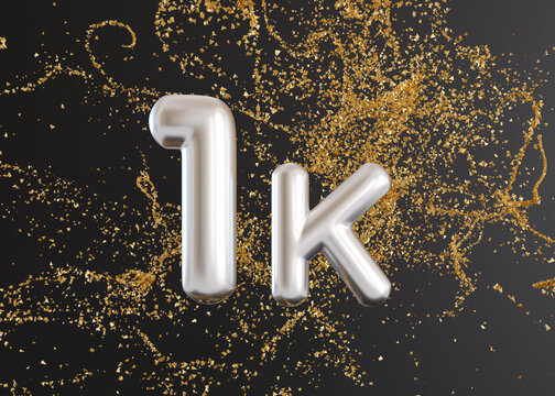 1000 followers card with golden confetti on black background. Banner for social network, blog. 1k followers or likes celebration. Social media achievement poster. One thousand subscriber. 3d render.