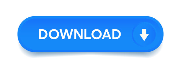 Poster - 3d download now blue button with hand cursor. Save cloud icon button hand pointer clicking. Click here banner with shadow. Click push button isolated. Online shopping.