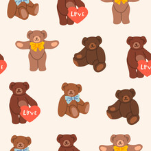 Set Of Cute Teddy Bears. Various Funny Characters. Valentines Day, Love, Romance, Toy, Gift Concept. Cartoon Style. Hand Drawn Colorful Vector Illustration. Square Seamless Pattern