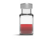 Frontal view of a vial with a red liquid vaccine. Isolated. No label. Transparent background for compositing. 