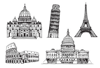 United States Capitol Building, Eiffel Tower, Tower of Pisa, Coliseum, St. Peter's Basilica, world landmark vector set