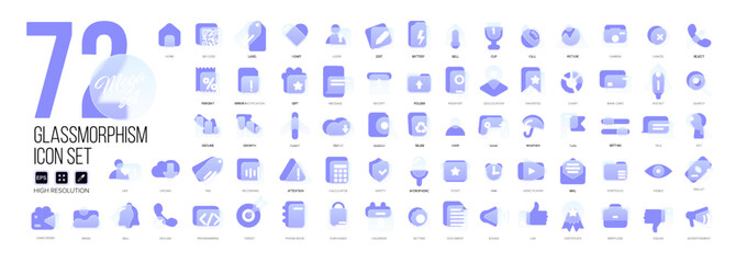 mega set of vector icons in glass morphism modern trendy style. purple and transparency glass. 72 ic