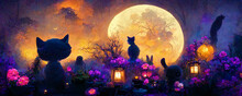 2 Cats Silhouette In Halloween Taste Landscape	