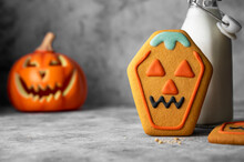 Halloween Monster Cookie With Colorful Glaze. Spooky Ginger Bread Cookies For October Autumn Celebration