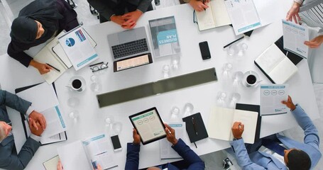 Poster - Business management, paperwork and planning annual report idea, research and modern office data. Above of company team discussion with documents in strategy meeting, analytics progress and analysis