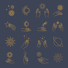 Wall Mural - aesthetic hands and cosmic and celestial elements. universal cosmos related icons. linear vector ill