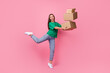 © deagreez - Full length portrait of cheerful crazy person arms hold pile stack packages isolated on pink color background