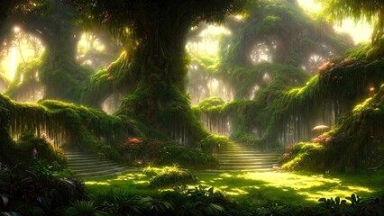 Wall Mural - Garden of Eden, exotic fairytale fantasy forest, Green oasis. Unreal fantasy landscape with trees and flowers. Sunlight, shadows, creepers and an arch. 3D illustration.