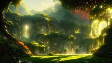 Garden Of Eden, Exotic Fairytale Fantasy Forest, Green Oasis. Unreal Fantasy Landscape With Trees And Flowers. Sunlight, Shadows, Creepers And An Arch. 3D Illustration.