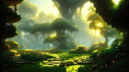 Garden of Eden, exotic fairytale fantasy forest, Green oasis. Unreal fantasy landscape with trees and flowers. Sunlight, shadows, creepers and an arch. 3D illustration.