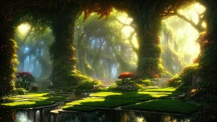 Sticker - Garden of Eden, exotic fairytale fantasy forest, Green oasis. Unreal fantasy landscape with trees and flowers. Sunlight, shadows, creepers and an arch. 3D illustration.