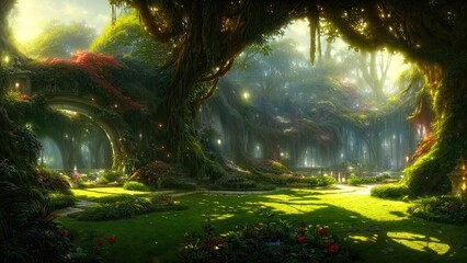 Canvas Print - Garden of Eden, exotic fairytale fantasy forest, Green oasis. Unreal fantasy landscape with trees and flowers. Sunlight, shadows, creepers and an arch. 3D illustration.