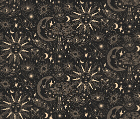 Wall Mural - seamless pattern with magical elements. set of linear vector illustrations. celestial illustrations 