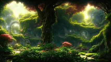 Wall Mural - Garden of Eden, exotic fairytale fantasy forest, Green oasis. Unreal fantasy landscape with trees and flowers. Sunlight, shadows, creepers and an arch. 3D illustration.