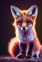 Red Fox Portrait. Cute Baby Of Fox Sitting On Stone.  Adorable Furry Fox Pup.