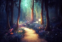 Enchanted Forest At Night In Sparkling Lights. Mysterious Garden, Fairy Landscape. Natural Background With Misty Dark Mood. Pathway Road Through Tree And Blooming Flower Under Moonlight