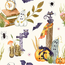Halloween Pattern With The Black Cat And Jack O Lantern. Watercolor Illustration Of Bat And Spider, Boots With Toadstools, Cross And Funny Pumpkins. An Old Suitcase With Books And A Clock.