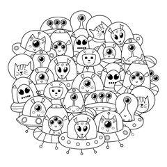 Doodle aliens circle shape pattern. Space black and white print for coloring book with cute ufo characters. Vector illustration