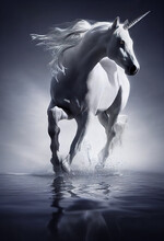 Beautiful White Unicorn Galloping In Water. BW Animal Portrait. Digital Fantasy Art Illustration.	
