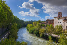 Tiber River In Rome, Italy: View Of Tiber Island.