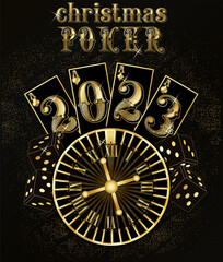 Wall Mural - Happy 2023 New year. Christmas Casino background with poker cards and roulette, vector illustration