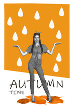 Advert Collage Of Black White Gamma Lady Showing Season Autumnal Discount Product Isolated On Painted Background