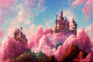 fairytale dreamlike castle in pastel colors, magical and mystical medieval kingdom In clouds illustration. Generative AI