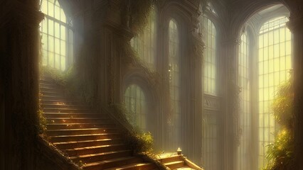 Wall Mural - Staircase in the palace leading to the top. Large panoramic windows. Fantasy interior with a garden. Rays of the sun, shadows. Majestic staircase. 3D illustration.