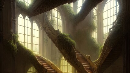 Wall Mural - Staircase in the palace leading to the top. Large panoramic windows. Fantasy interior with a garden. Rays of the sun, shadows. Majestic staircase. 3D illustration.