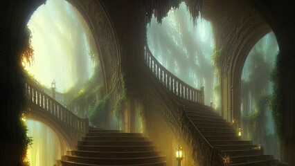 Poster - Staircase in the palace leading to the top. Large panoramic windows. Fantasy interior with a garden. Rays of the sun, shadows. Majestic staircase. 3D illustration.