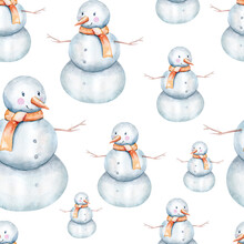 Watercolor Merry Christmas Seamless Pattern Snowman, Christmas Tree, Santa Holiday Invitation. Christmas Gift Celebration Cards. Winter New Year Design.