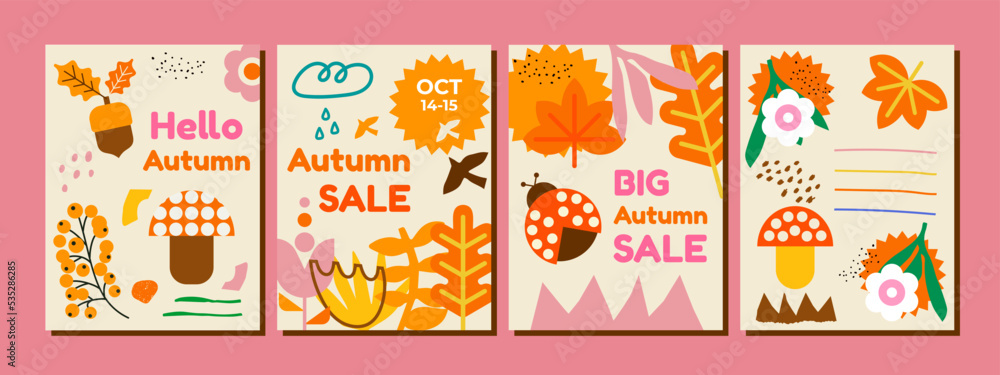 Set of Autumn posters in A4 size. Vector illustration. Minimalist style ...