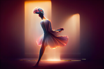 Majestic ballerina in a luminous spotlight, embodying elegance and artistry. Ideal for dance, performance, and cultural themes. Captivating ethereal ambiance.., generative ai  