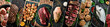 Leinwandbild Motiv Background: meat and seafood. A set of different types of meat and seafood. Photo collage.