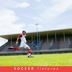 Canvas Print - Composition of soccer fixtures text with caucasian football player with football on pitch