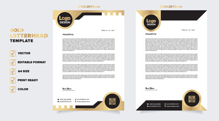 gold letterhead template for business company stationery design with A4 sheet vector format and editable layout in golden color